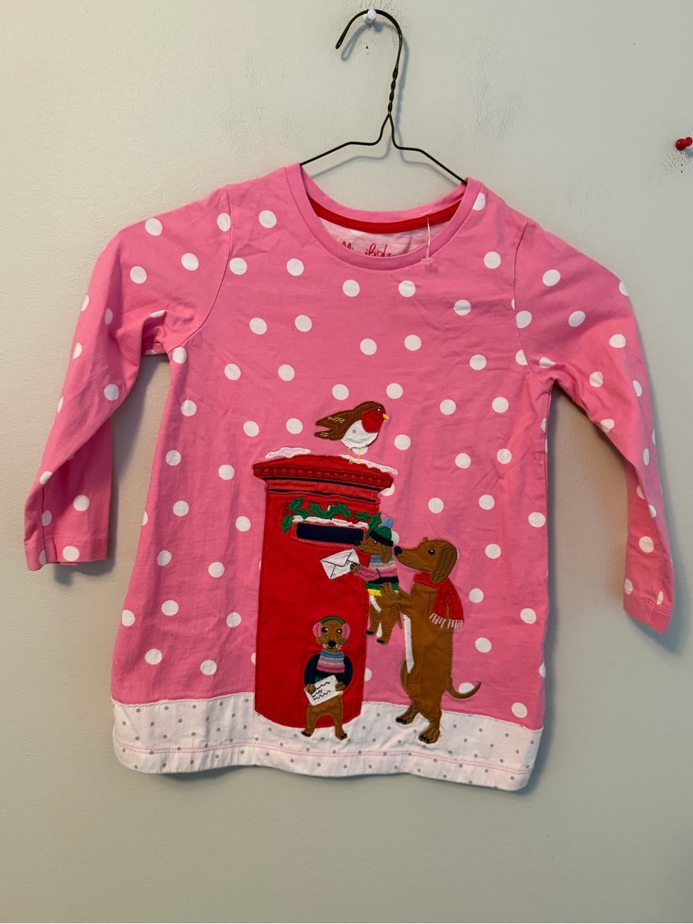 Mini Boden Pink Polka Dot Holiday Animal Mailbox Appliqué Tunic Top
